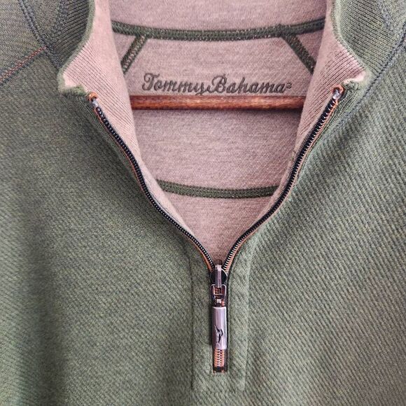 Tommy Bahama Sweater Mens Large 1/4 Zip Reversible Ribbed Pullover Green Tan - Picture 3 of 5